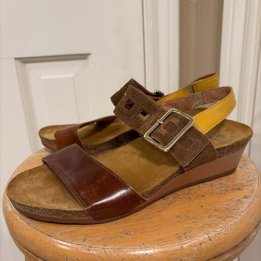 Naot Dynasty Wedge Sandals in Maple Brown/Antique Brown/Marigold